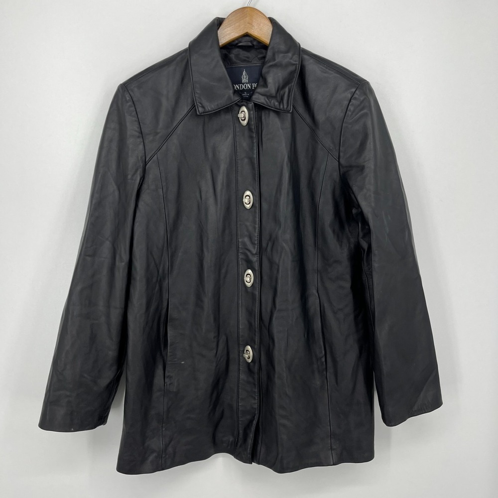 London Fog Womens Black Genuine Leather Jacket Turn Lock Closure Size L
